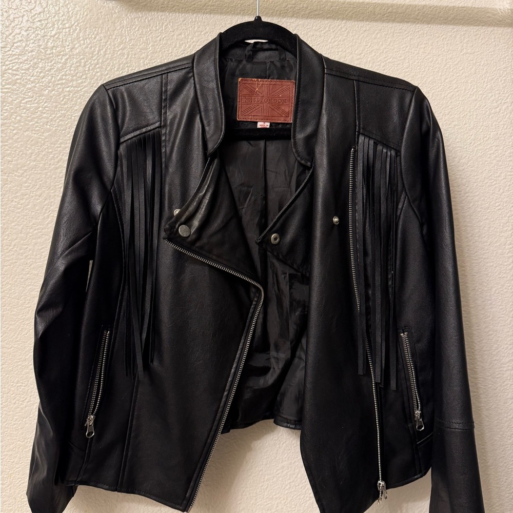Miss London Black Leather Jacket with Fringe - Picture 6 of 6